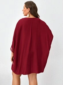SHEIN VCAY 大码女式度假拼布蕾丝蝙蝠袖宽松和服夏季 - 酒紅色 - 查看 2