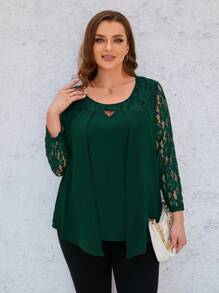 EMERY ROSE Plus Size Women Fashionable Loose Fit Round Neck Lace Long Sleeve Blouse - Dark Green - View 3
