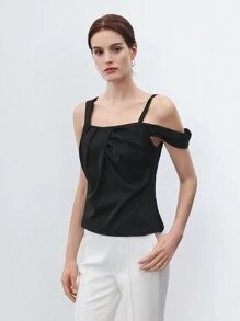 BizChic Women Solid Color Pleated Simple And Versatile Spring/Summer Top - Black - View 4