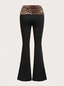 SHEIN 少女休闲纯色拼接豹纹喇叭裤