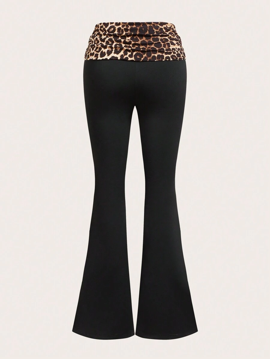 SHEIN 少女休闲纯色拼接豹纹喇叭裤