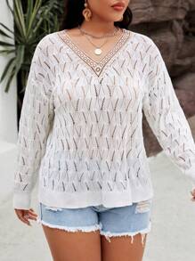 Flirla Sweater Ukuran Plus Kontras Lace Sheer Plain Casual - Putih - View 5