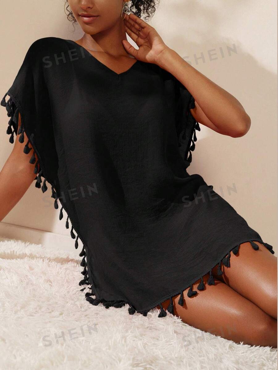 SHEIN Swim Summer Beach Ladies' Vacation Beach Solid Fringe Decorated