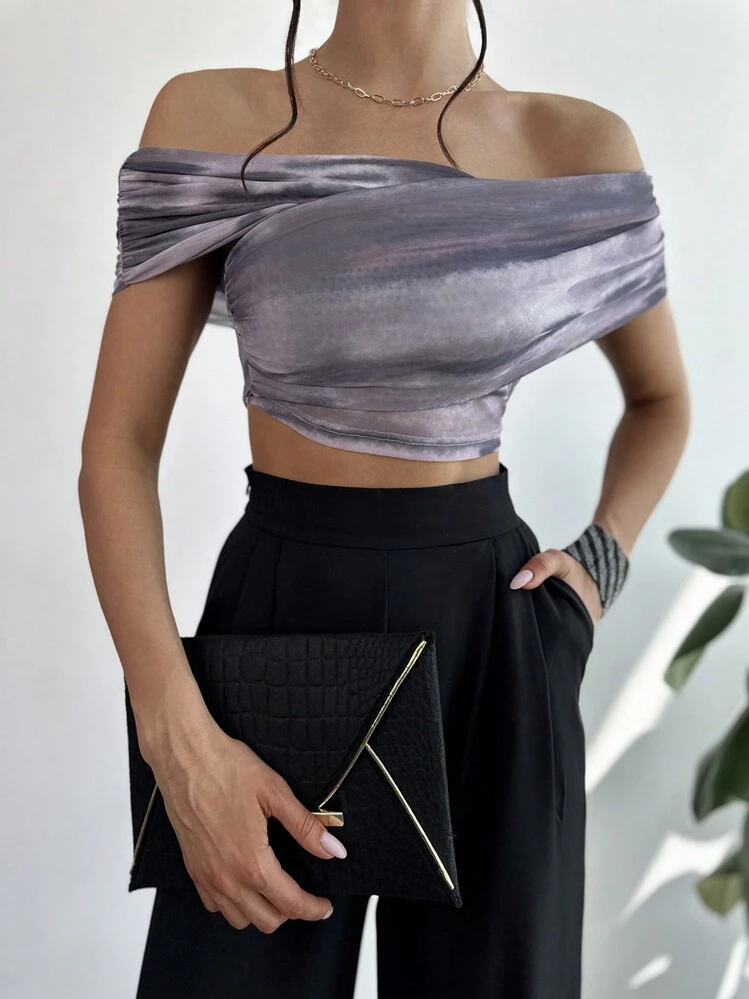 Firerie Women Summer Off-Shoulder Short Cropped Music Festival Sheer Tie-Dye Printed T-Shirt - Purple - View 3