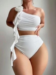 SHEIN Swim Phụ nữ đi biển mùa hè Bộ bikini 3D trang trí hoa rắn Một vai - trắng - Xem 1
