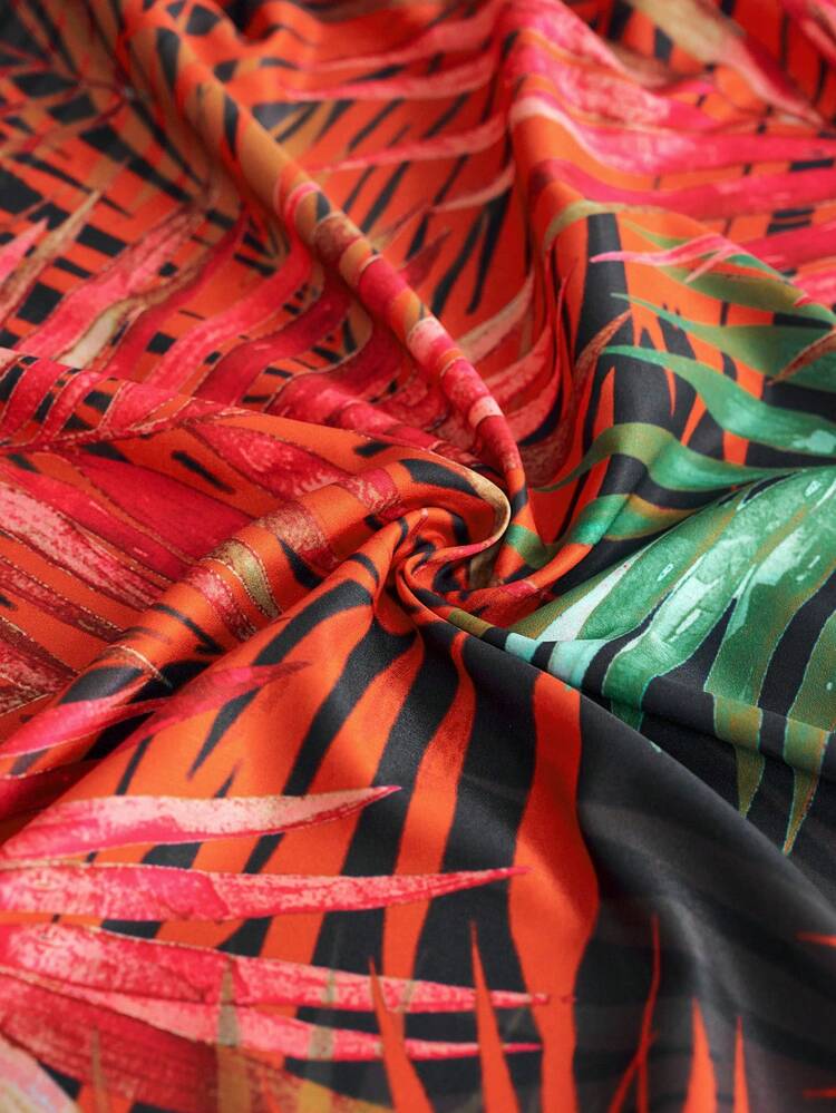 Plus Tropical Plant Print Double Split Thigh Hem Maxi Skirt For Vacation Style