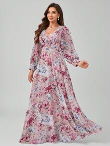SUPGIR [Random Cut Flower Pattern]V-Neck Chiffon Dress With Split Sleeves, Waist Pleats, And Digital Printed Wonderland Garden Rose Print, Elegant And Graceful Long Dress. - Dusty Pink - View 6