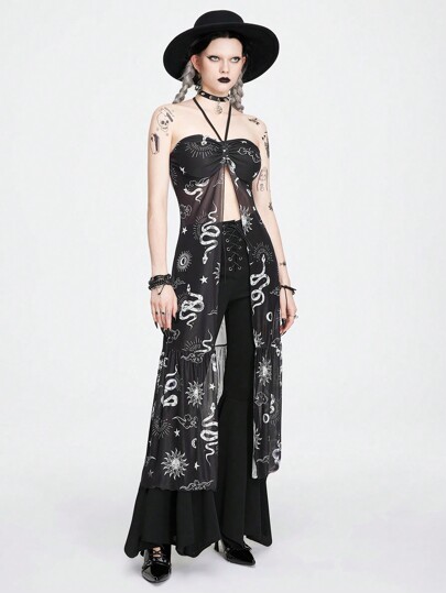 Goth Haut de bandeau décontracté pour dames avec impression en mesh en forme de croissant de lune, étoile et serpent pour les vacances