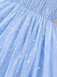 SHEIN Glamorique Kids 结婚纪念日少女夏季荷叶边网纱下摆短袖公主裙 - 霧霾藍 - 查看 5