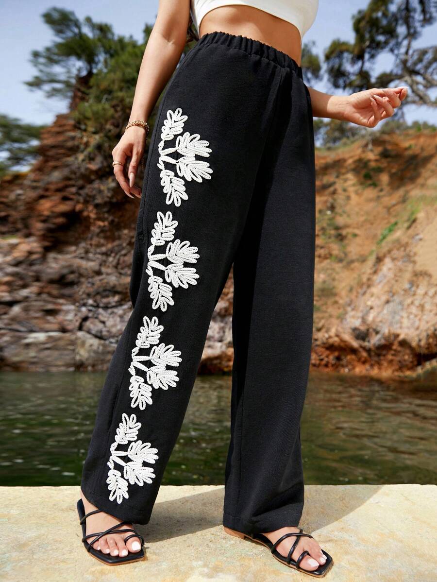 EURMUSE Women Floral Pattern Elastic Waist Boho Pants - Black - View 1