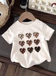 SHEIN Leap Crew Baby Girl Casual Simple Heart Pattern Short Sleeve Round Neck Top Suitable For Summer - White - View 1