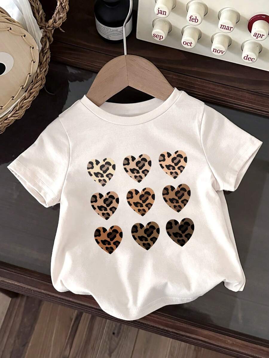 SHEIN Leap Crew Baby Girl Casual Simple Heart Pattern Short Sleeve Round Neck Top Suitable For Summer - White - View 1