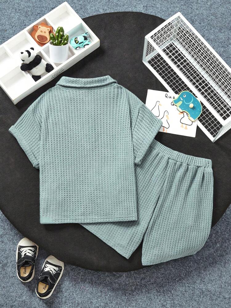Young Boy 2pcs/Set Korean-Style Polo Collared Short Sleeve Top And Shorts With Clean Color, Loose Fit And Comfortable Texture, Suitable For Going To School, Vacation, Party, And Home Wear. Suitable For Spring And Summer.