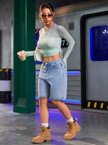 Gameset SHEIN Sport Women Fashionable Drawstring Design Short Sleeve Long Baseball Tee Shirt For Sports Gym Top - Green - View 6