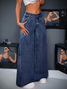 SHEIN ICON Quần denim nữ ống rộng dáng rộng có túi - Màu xanh lam - Xem 1