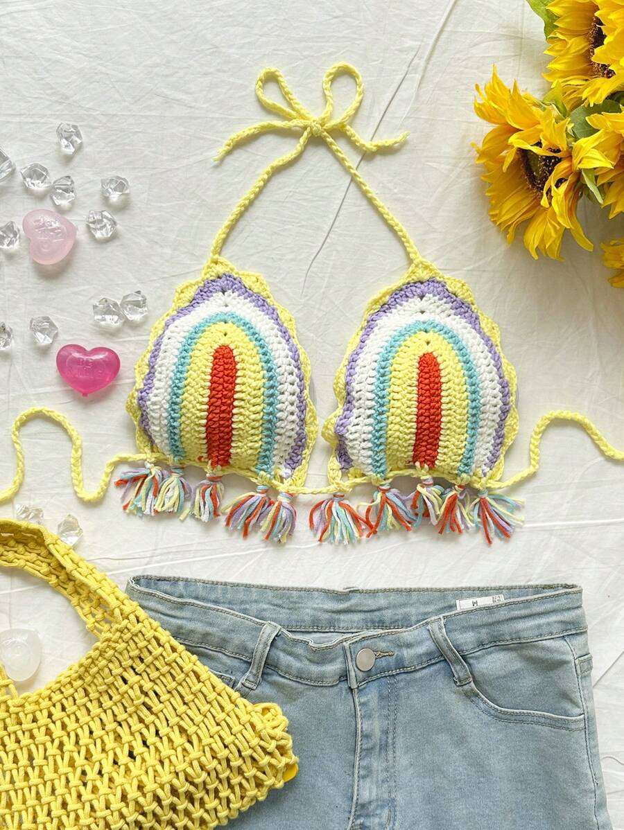 Soleia Chaleco con flecos en el dobladillo con rayas multicolores degradadas románticas para playa y ocasiones casuales para mujeres en verano, graduaciones y Pascua