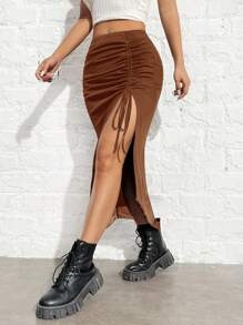 SHEIN EZwear Falda recta ajustada de tejido marrón de mujer con cordón y abertura lateral - Café integral - Ver 3