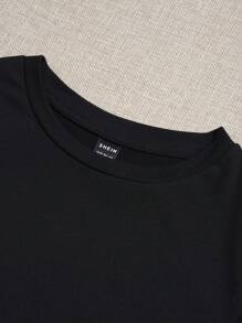SHEIN EZwear 黑色休闲短款圆领短袖女式T恤，修身，适合春夏季，棉混纺套头衫 - 黑色 - 查看 5