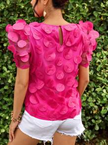 SHEIN VCAY Ngày Lễ Đồng Màu Cổ Tròn Gigot Tay Appliques Lưới Tay Trái Tim Appliques Chi Tiết Nữ Mùa Hè Áo Sơ Mi - Màu Hồng Tươi - Xem 2