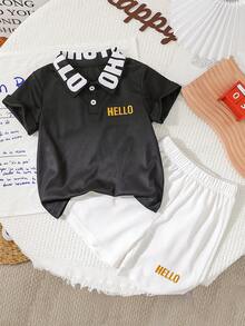 SHEIN Young Boy Color Block Polo Shirt & Shorts Set With Embroidered Letters
