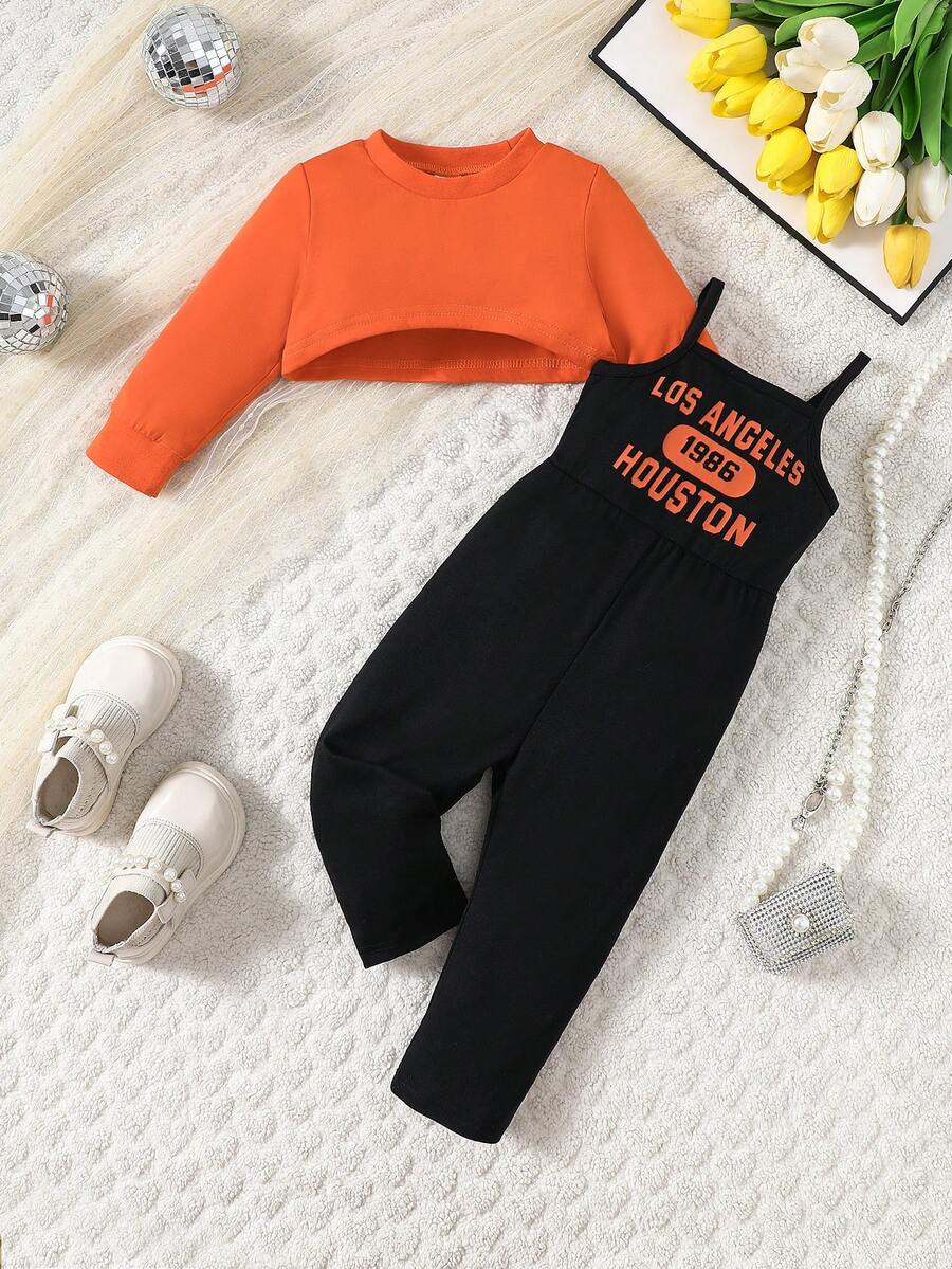 嬰兒女寶寶織毛衣+吊帶褲春秋套裝 - 亮橙色 - 查看 1