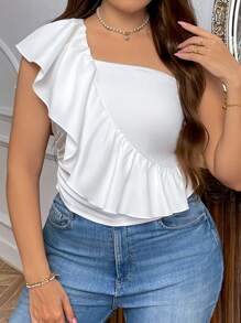 SHEIN Privé Talla grande Primavera/Verano Elegante Vacaciones Top de tubo decorado con volantes para mujeres