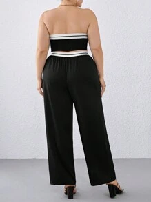 SHEIN Essnce Bộ đồ hai mảnh phối màu không dây cỡ lớn cho nữ kèm quần xếp ly - màu đen - Xem 2