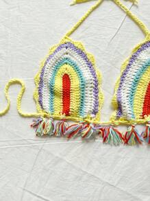 Soleia Chaleco con flecos en el dobladillo con rayas multicolores degradadas románticas para playa y ocasiones casuales para mujeres en verano, graduaciones y Pascua