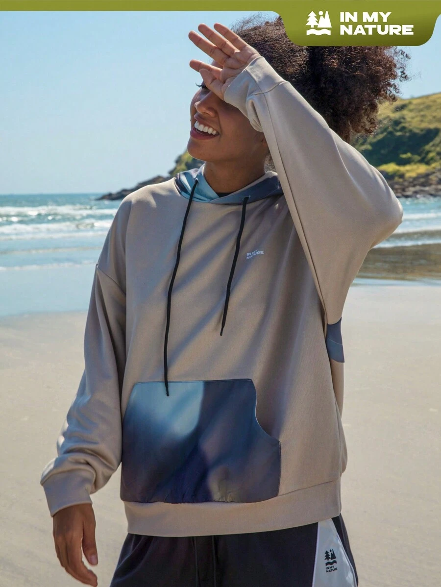 In My Nature Letter Graphic Contrast Panel Kangaroo Pocket Drawstring Outdoor Sweatshirt - Multicolor - View 1