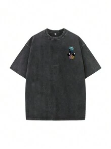 男士休闲菠萝印花宽松落肩T恤，夏季 - 黑色 - 查看 1