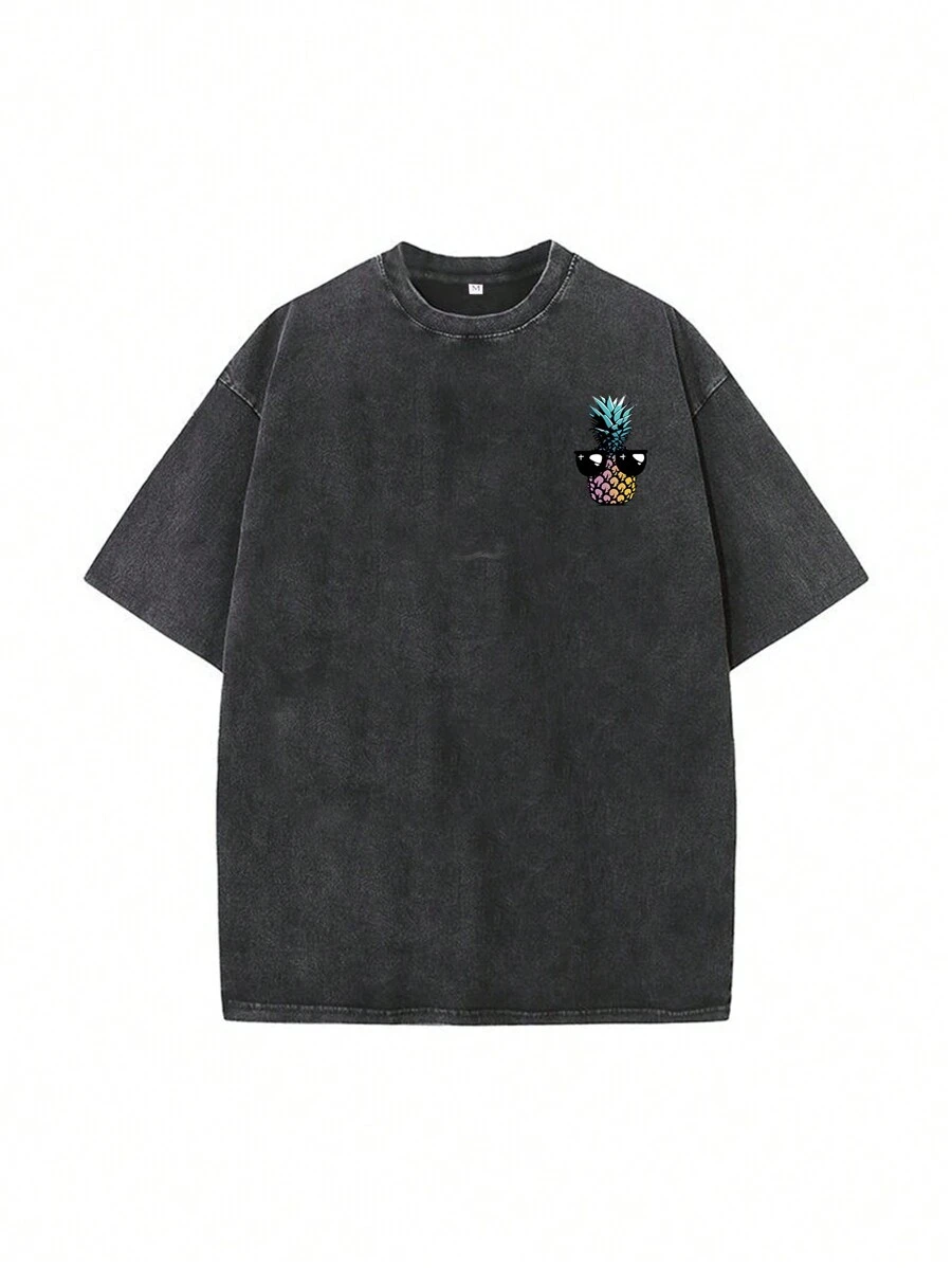 男士休闲菠萝印花宽松落肩T恤，夏季 - 黑色 - 查看 1