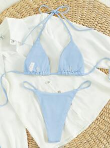 Swim Mod 2026 Spring/Summer Women's Vacation Special Fabric Spaghetti Strap Halter Sky Blue Sexy Thong Bikini Two Pieces Swimsuit