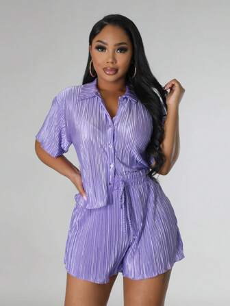 2 件套 2024 春夏时尚纯色翻领短袖褶皱衬衫和短裤休闲套装