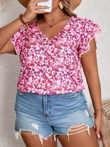 SHEIN VCAY 粉色夏季沙灘假日大碼女裝花卉印花襯衫 - 玫紅色 - 查看 1