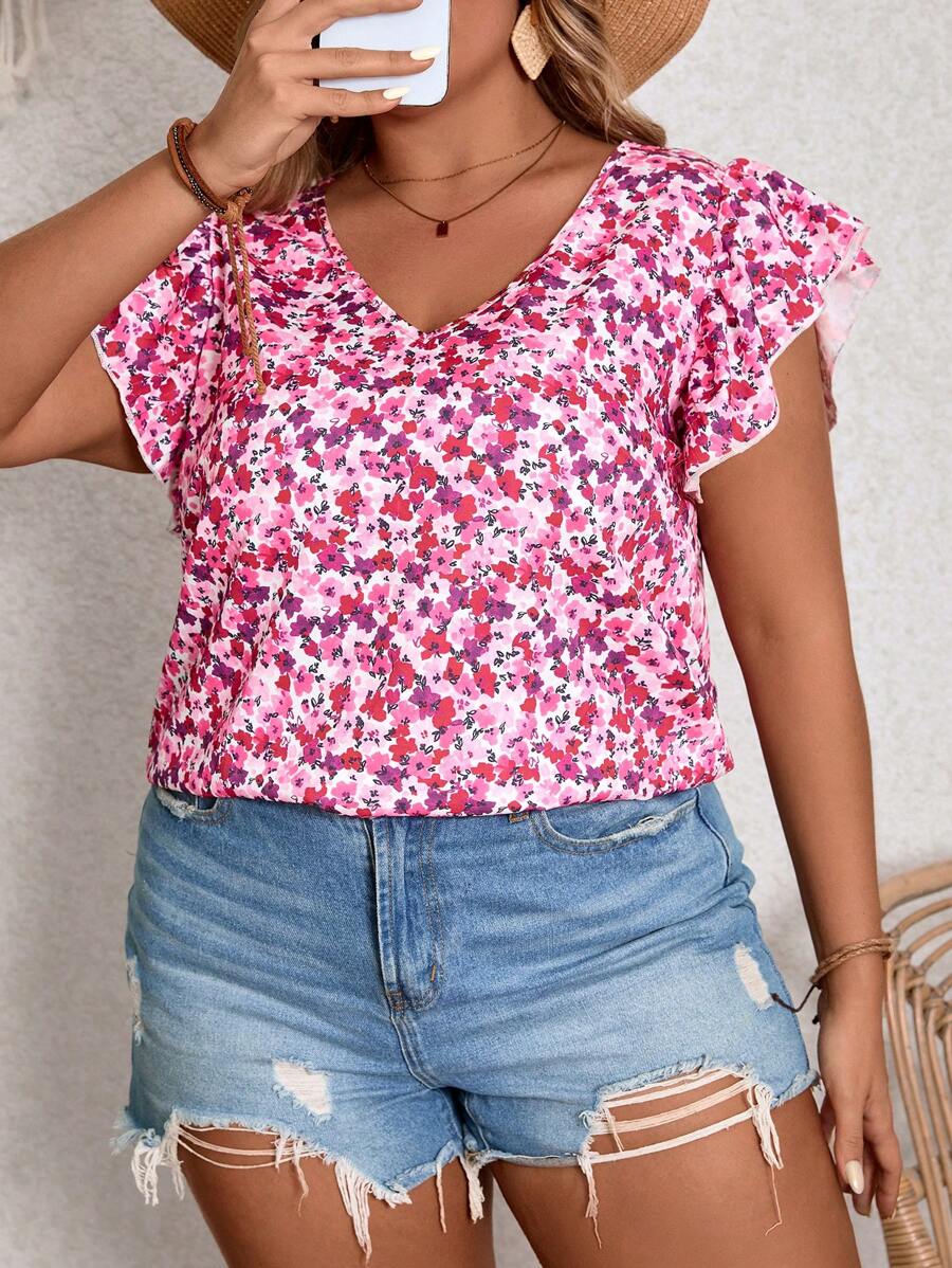 SHEIN VCAY 粉色夏季沙灘假日大碼女裝花卉印花襯衫 - 玫紅色 - 查看 1