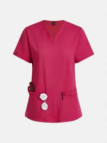TaskEZ SHEIN Essnce Women's Summer  Nurse Uniform Jogging Wear  Women Scrubs Side Vents  4-Pocket V-Neck Scrub Top Total Of 4 Pockets - Hot Pink - View 1