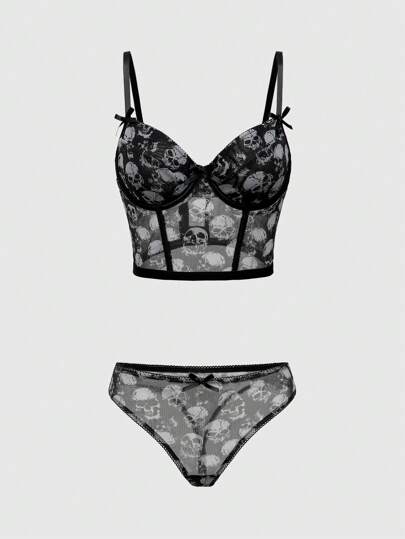 Goth Conjunto de ropa interior de mujer gótico impreso con calaveras y soporte de alambre