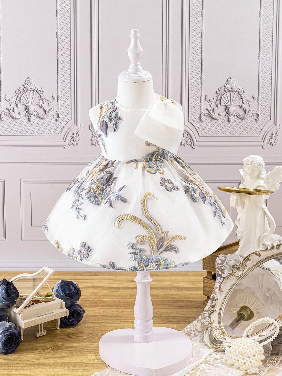 SHEIN Vestido de princesa elegante y hermoso para bebé niña con diseño de flores, cintura de lazo y diseño sin mangas - Multicolor - Ver 1