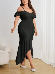 SHEIN Privé Plus Size Asymmetrical High Slit Dress With Spaghetti Strap, Wedding Guest Dress - Black - View 4