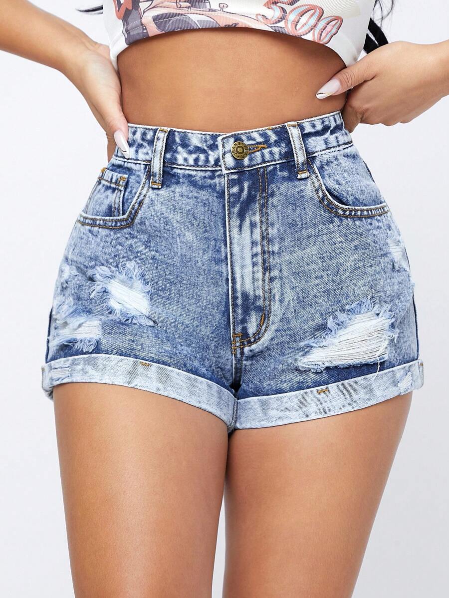 SHEIN ICON Shorts de mezclilla de ajuste delgado descoloridos de moda para mujer