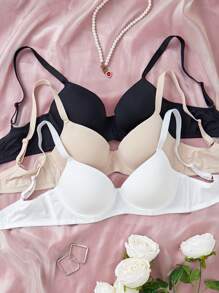 3pcs Women's Black & White Solid Color Comfortable Supportive Underwire Bra Set - Multicolor - View 1