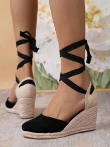Fashionable Ladies Casual Vacation Woven Wedge Heel Sandals - Black - View 5