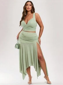 SHEIN BAE Plus Size Damski Letni Wakacyjny Odświeżający Zielony Elastyczny Siateczkowy Bez Rękawów Marszczony Uniwersalny Top Bez Ramiączek Szerokich