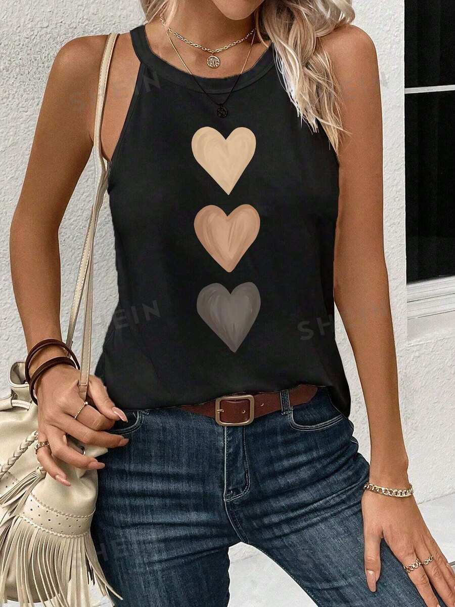 SHEIN LUNE Casual Heart Print Fitted Plus Size Women Spaghetti Strap