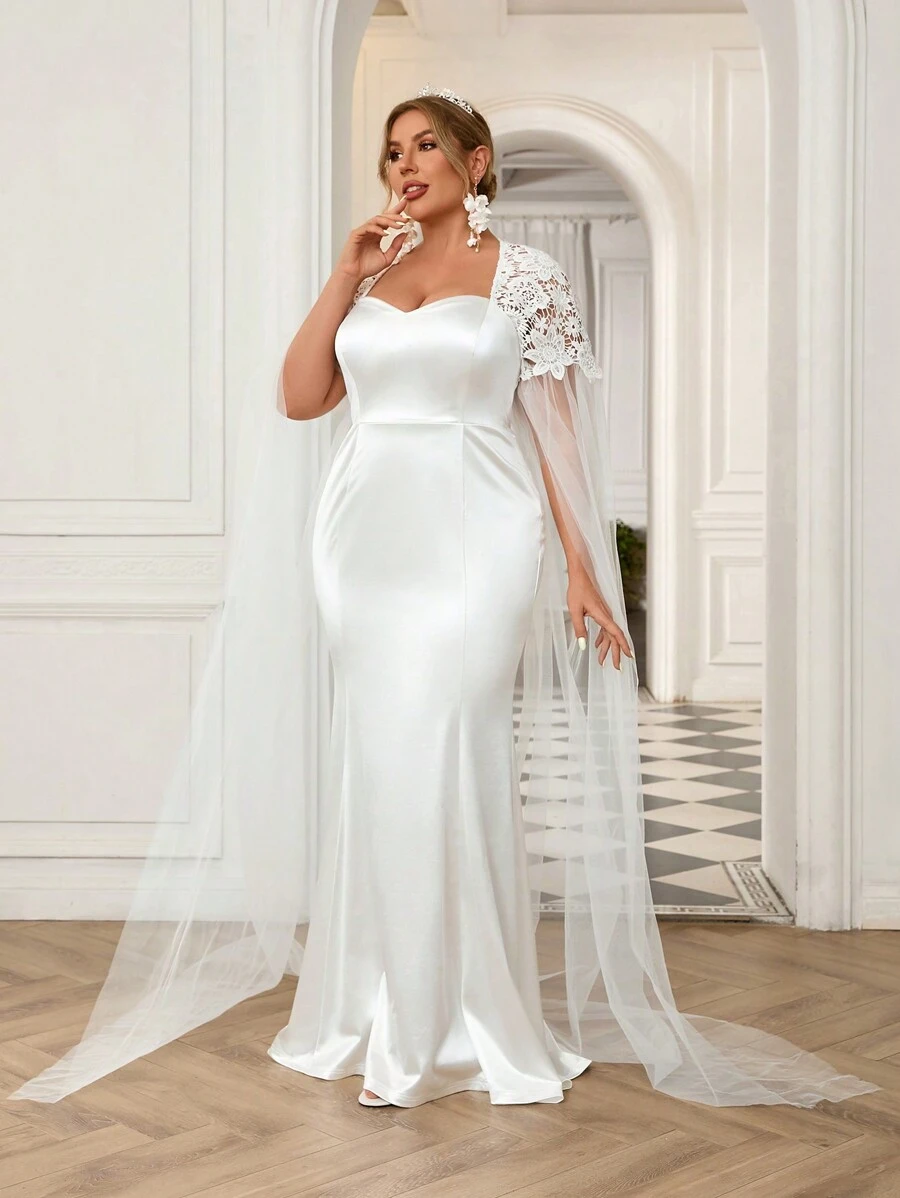 SHEIN Belle Plus Size Đơn giản nhưng sang trọng Khăn choàng siêu dài tay thêu hoa, Váy cưới đuôi cá thanh lịch và độc đáo - trắng - Xem 1