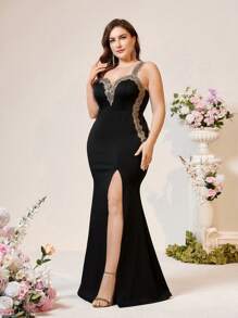 SHEIN Belle 加大码优雅黑色晚礼服，亮片、刺绣和编织腰带，高开衩、深 V 领和束腰正式舞会婚礼宾客礼服，适合毕业典礼、晚宴派对 - 黑色 - 查看 1