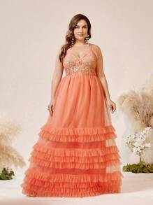 SHEIN Belle Multi-Layer Ruffle Swing Outdoor Music Festival Bohemian Style Luxurious Sequins Decoration Heavy Work Formal Dress - Orange - View 6