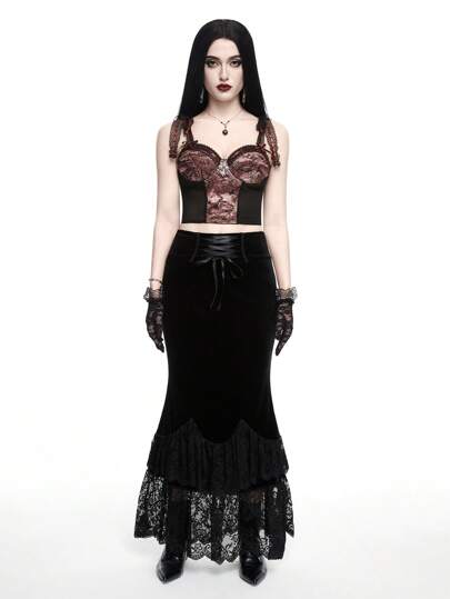 Goth Top de tirantes de malla con estampado de serpiente para mujer con colgante cruzado, diseño de lazo y encaje