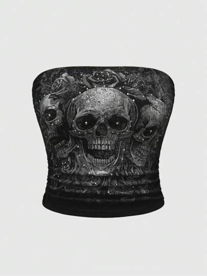 Goth Top corsé oscuro con estampado de elementos de rosas y calavera gótica, decorado con impresión de pantalla y diamantes de imitación para mujer