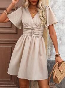 SHEIN Clasi NỮ Cổ chữ V Tay áo xù Xếp li Thời trang Textured Đầm - Màu Khaki - Xem 3